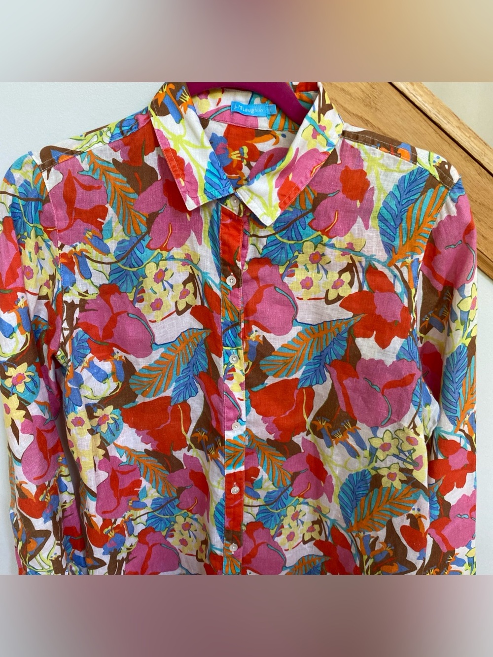 J McClaughlin Womens linen Med Colorful Floral Button-Up Shirt - Multicolor